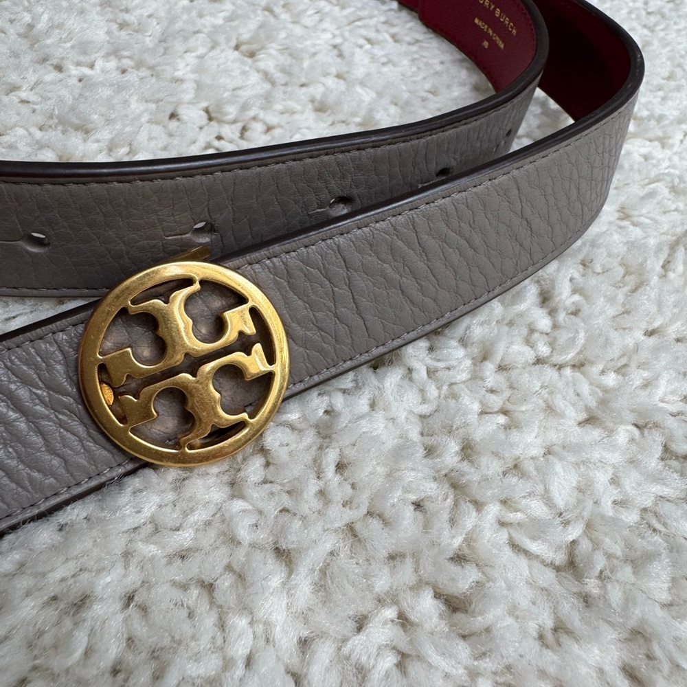 Tory Burch Gray and Red Reversible Leather Belt